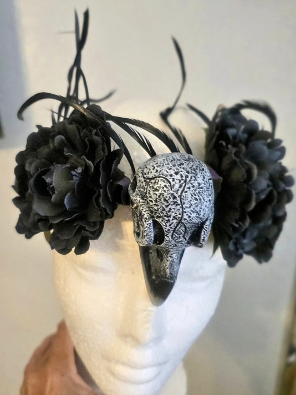 Black/Navy Gothic Raven Skull & Floral Headband NWOT - Picture 2 of 8